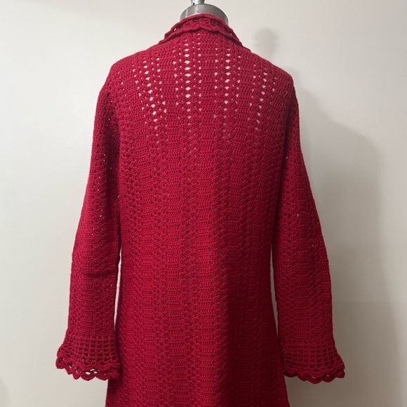 RED 100% WOOL CROCHET LONG CARDIGAN WITH SCALLOPED EDGING AND FLARED SLEEVES - Picture 11 of 15